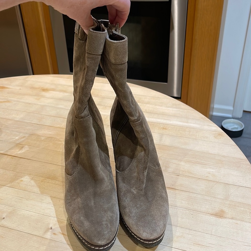Taupe colored suede ankle wedge boots size 38; (US Size 8). 4 inch wedge heel.